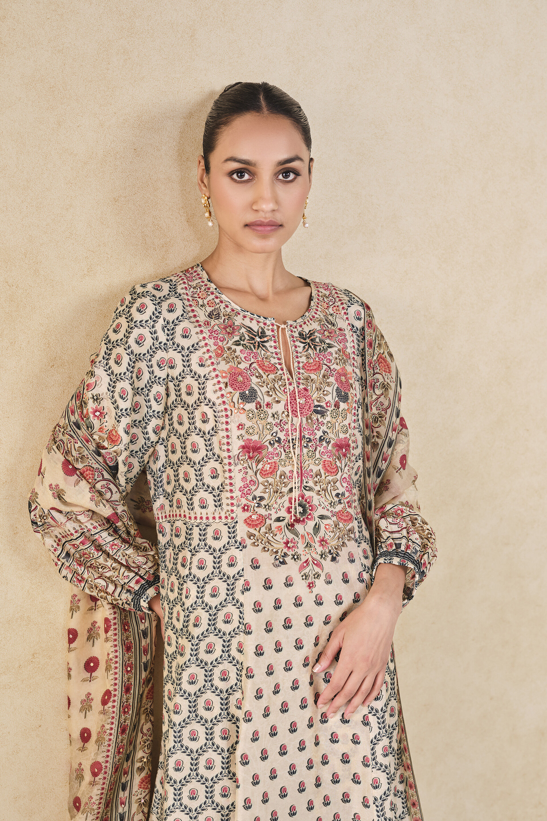 Demoiselle Printed Sequin Silk Suit Set - Cream, Cream, image 4